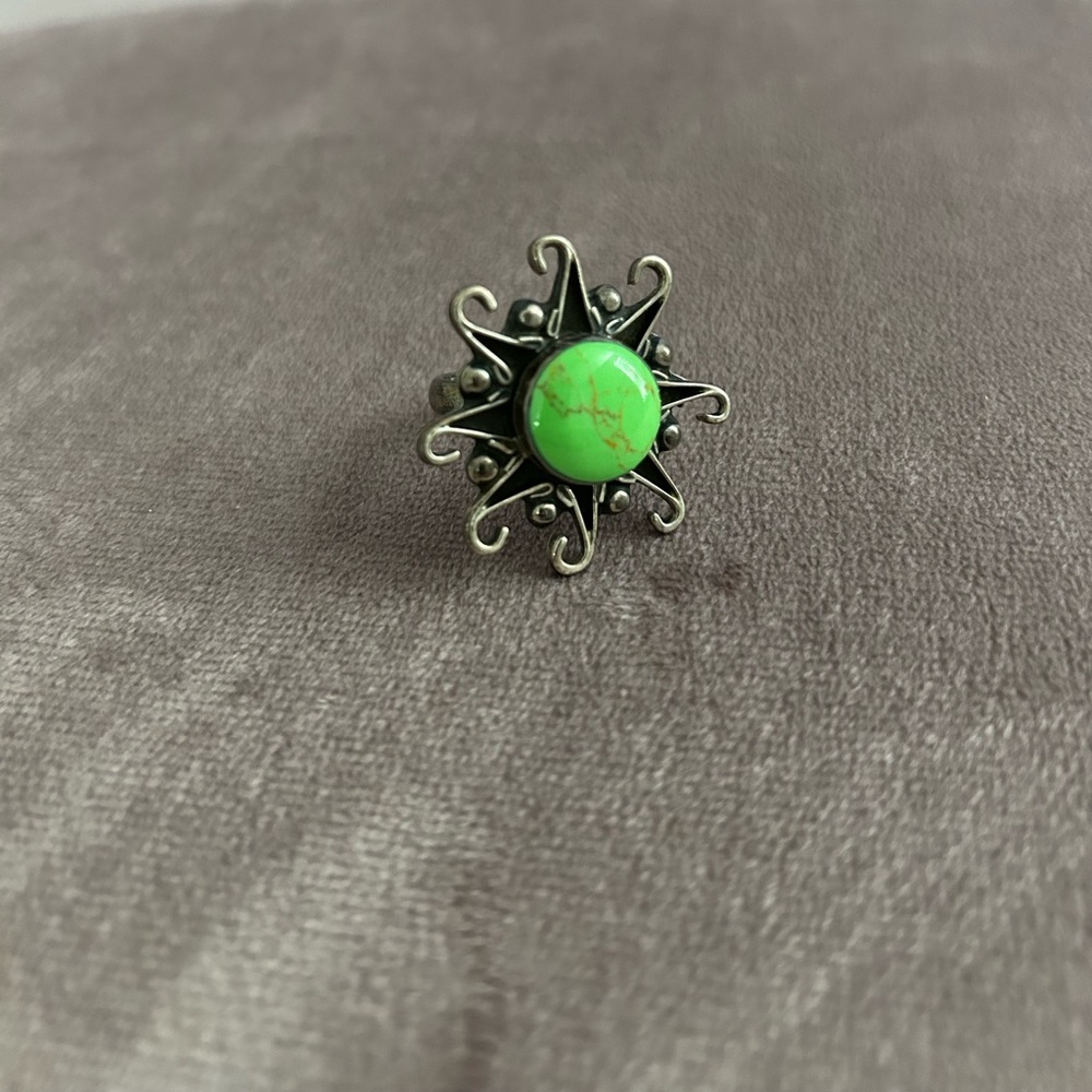 Silver Starburst Ring with Green Stone